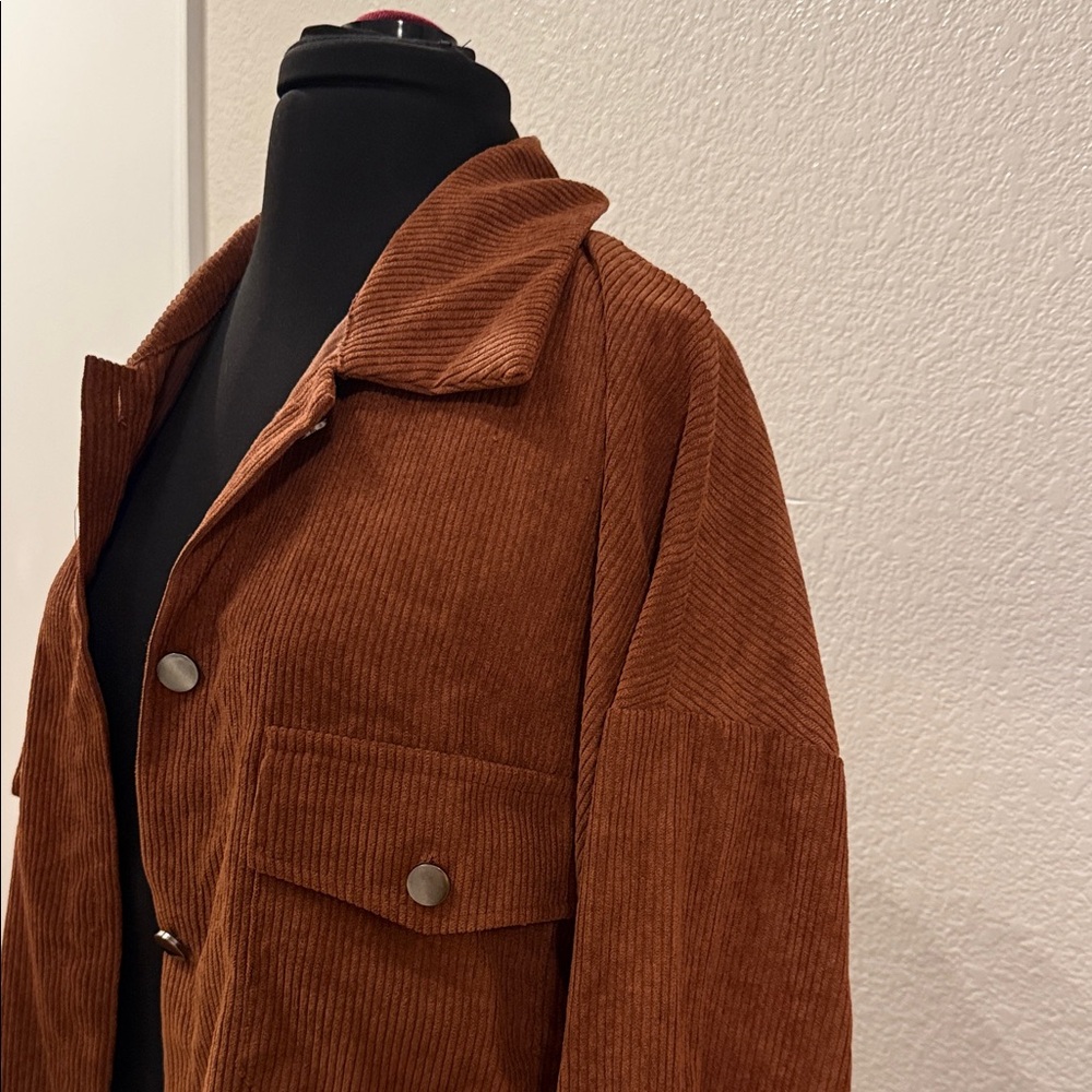 Oversized Corduroy Button-Up Shacket in Rust Brown - Picture 2 of 6